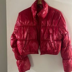 Red puffer jacket
